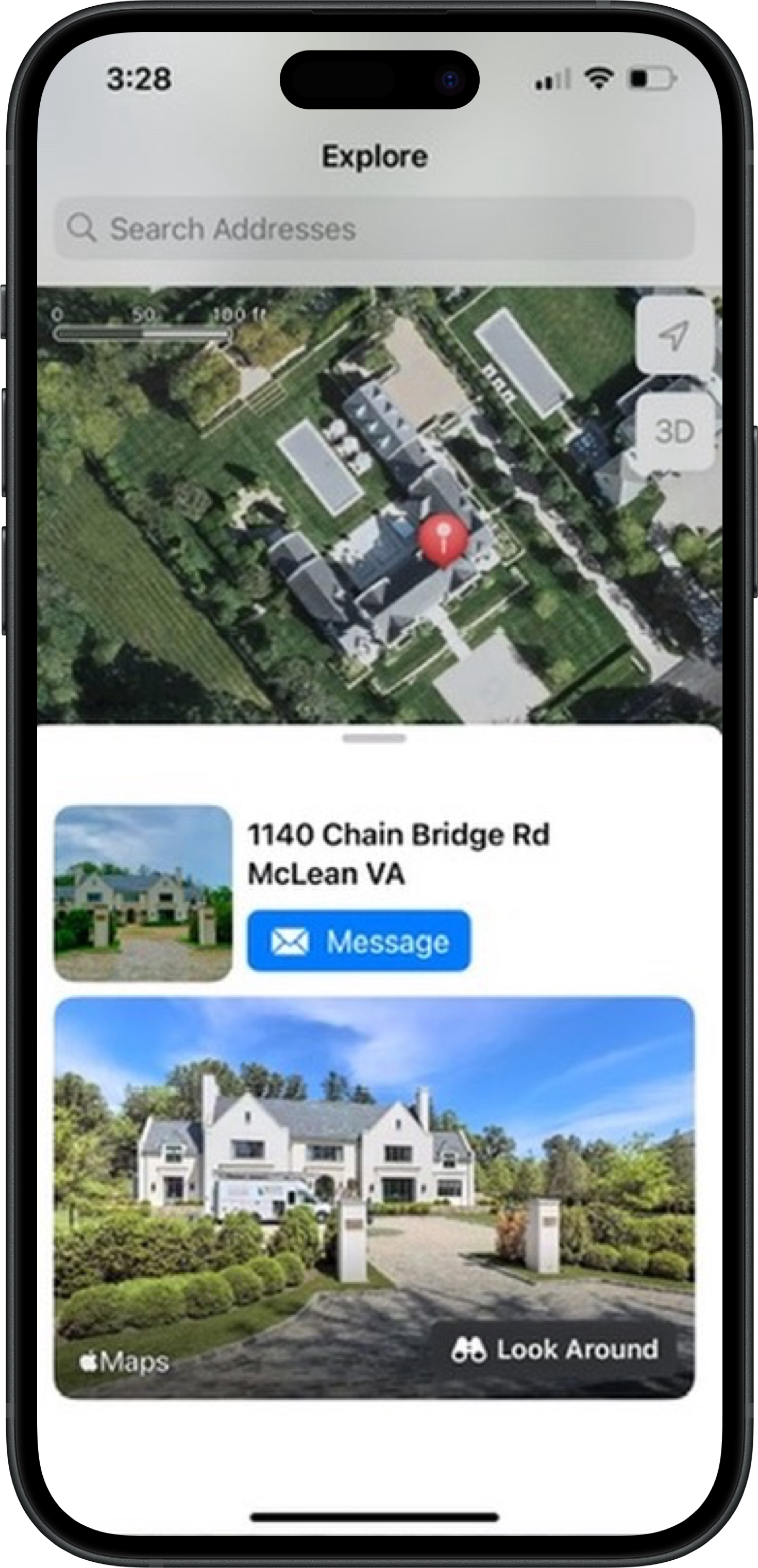 screenshot showing a satellite map and the selected home's profile picture