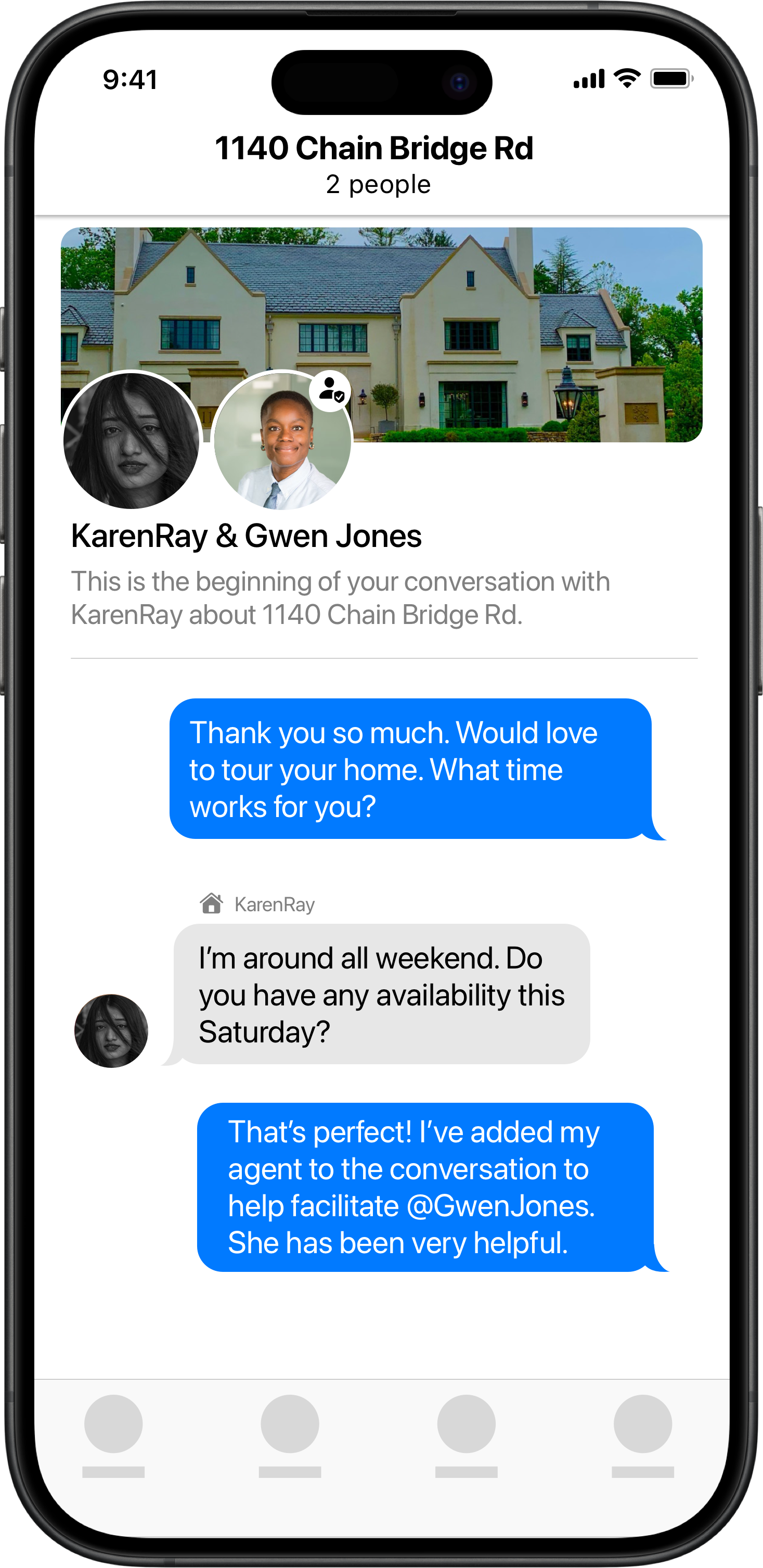 screenshot showing a message conversion between a user, a homeowner, and a realtor